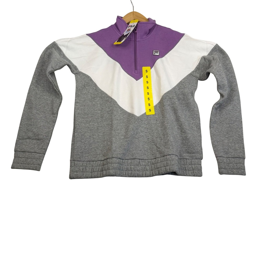 Fila Heritage Womens Quarter Zip Colorblock Chevron Sweatshirt Purple Grey S NEW